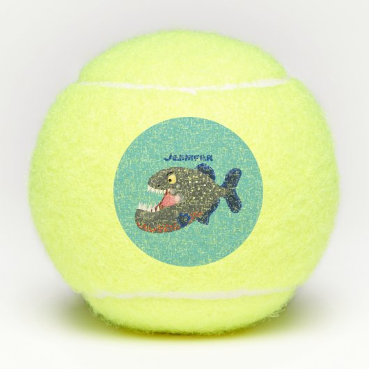 Grapjige piranha cartoon illustratie tennisballen (Voorkant)
