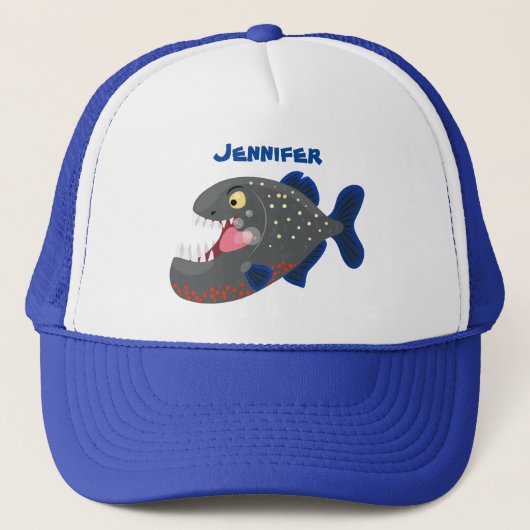 Grapjige piranha cartoon illustratie trucker pet (Voorkant)