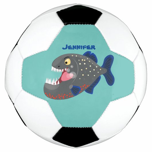 Grapjige piranha cartoon illustratie voetbal (Voorkant)