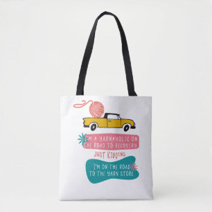 Grapjurk met grappige spreuk en breiwerk op vracht tote bag