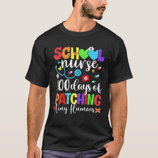 Grappig 100 dagen patching Tiny Humans School Nurs T-shirt (Voorkant)