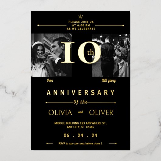 Grappig 10e bruiloft Jubileum toen en nu goud Folie Uitnodiging (Voorkant)