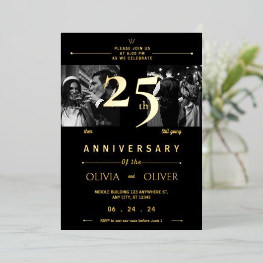 Grappig 25ste bruiloft Jubileum toen en nu goud Folie Uitnodiging (Staand Voorkant)