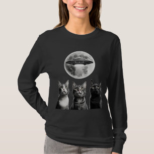 Grappig 3 Bang Katten Maan UFO Buitenaardse Aarde T-shirt