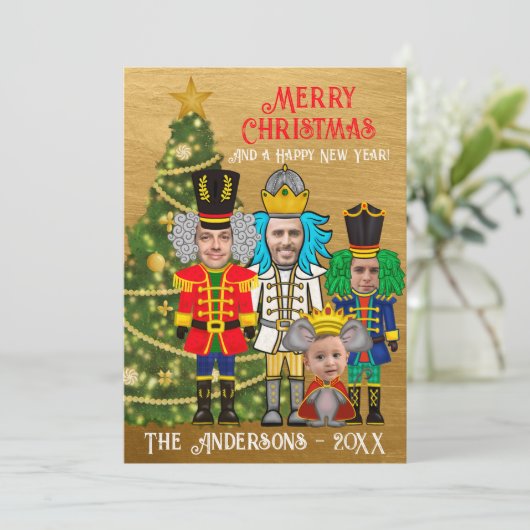 Grappig 3 Nutcrackers en Muizenkoning Vrolijk Kers Feestdagenkaart (Staand voorkant)