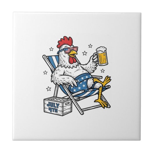 Grappig 4 juli Kip Bier Patriottisch Shirt Ontwerp Tegeltje (Voorkant)