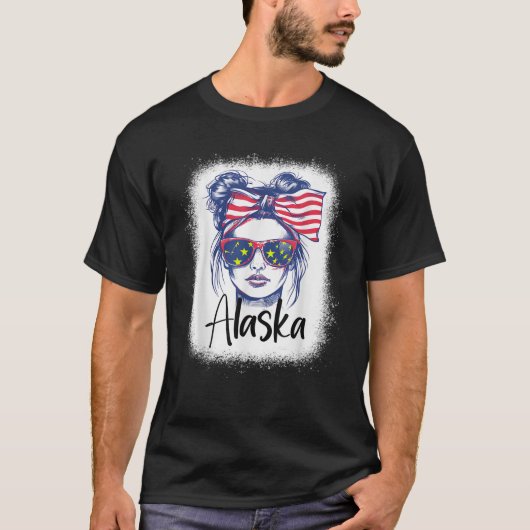 Grappig 4 juli Messy Bun Alaska Vlag State Girl T-shirt (Voorkant)