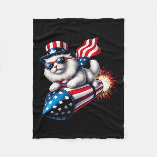 Grappig 4 juli Patriottische Kat Raket Met Firewo Fleece Deken (Voorkant)