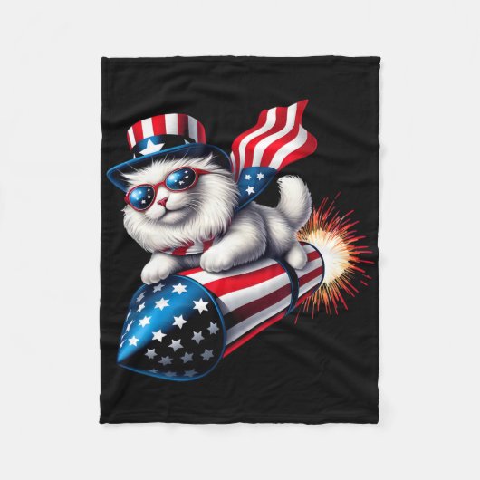 Grappig 4 juli Patriottische Kat Raket Met Firewo Fleece Deken (Voorkant)