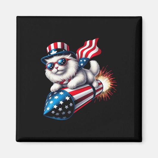 Grappig 4 juli Patriottische Kat Raket Met Firewo Magneet (Voorkant)