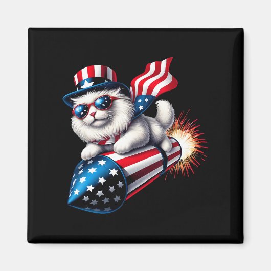 Grappig 4 juli Patriottische Kat Raket Met Firewo Magneet (Voorkant)