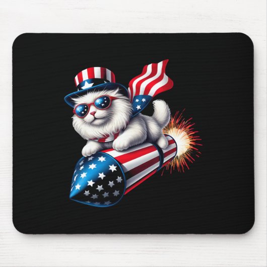 Grappig 4 juli Patriottische Kat Raket Met Firewo Muismat (Voorkant)