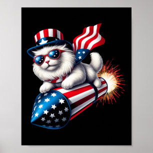 Grappig 4 juli Patriottische Kat Raket Met Firewo Poster