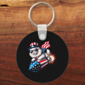 Grappig 4 juli Patriottische Kat Raket Met Firewo Sleutelhanger (Voorkant)
