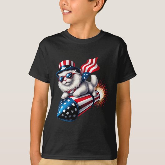 Grappig 4 juli Patriottische Kat Raket Met Firewo T-shirt (Voorkant)