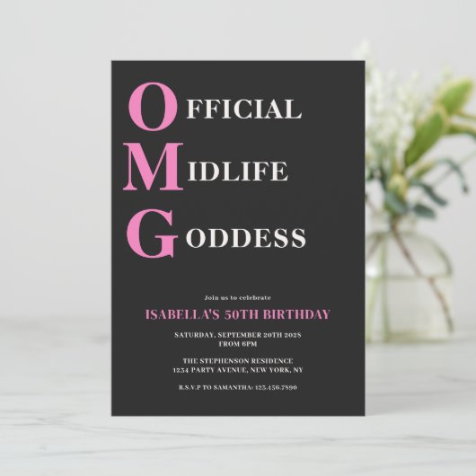 Grappig 50ste Verjaardag Roze Zwart OMG Humorous Kaart (Staand voorkant)