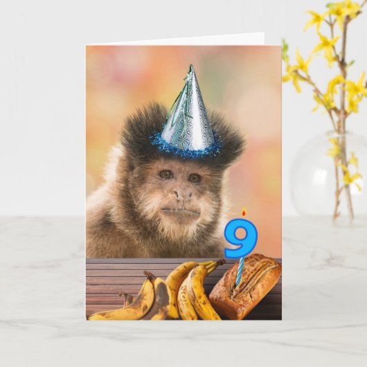 Grappig 9e verjaardag Capuchin Monkey Banaan Brood Kaart (Gele Bloem)
