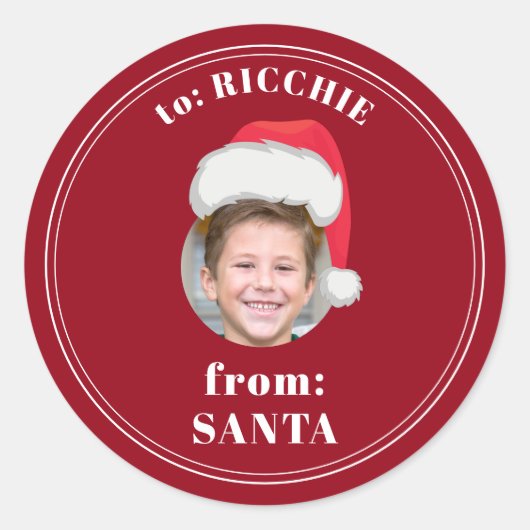 Grappig Aangepast Kind Gezicht Van Santa Christmas Ronde Sticker (Voorkant)