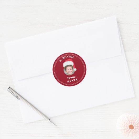 Grappig Aangepast Kind Gezicht Van Santa Christmas Ronde Sticker (Envelop)