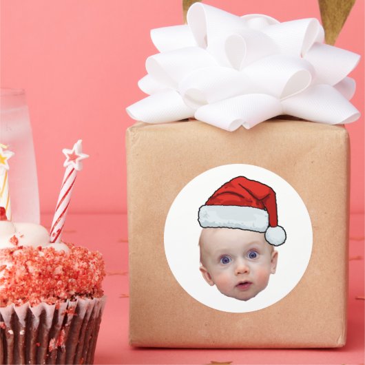 Grappig Aangepaste Gezicht Foto Santa Head Kerstmi Ronde Sticker (Feest)