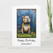 Grappig Abstract Bulldog Happy Birthday Naam Kaart (Voorkant)
