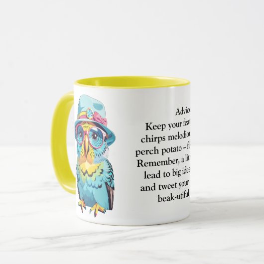 Grappig advies van een budgie mok (Voorkant links)