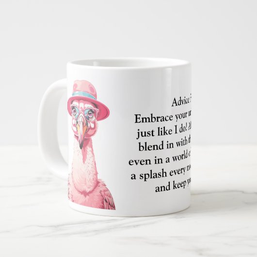 Grappig advies van een flamingo grote koffiekop (Links)