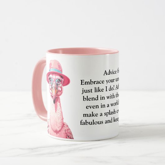 Grappig advies van een flamingo mok (Voorkant links)