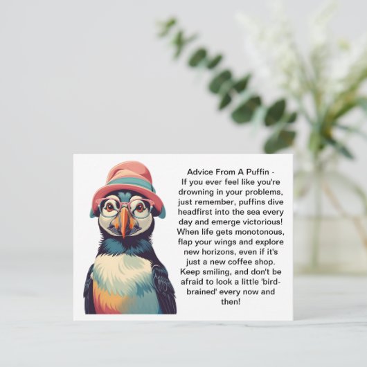 Grappig advies van een puffin briefkaart (Staand voorkant)