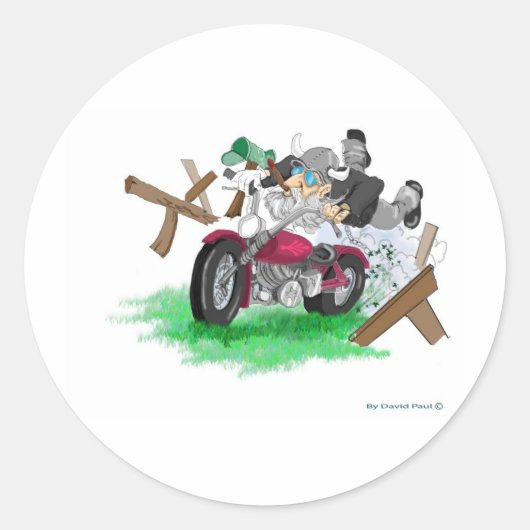 Grappig afbeelding van man op motorfietscrashen ronde sticker (Voorkant)