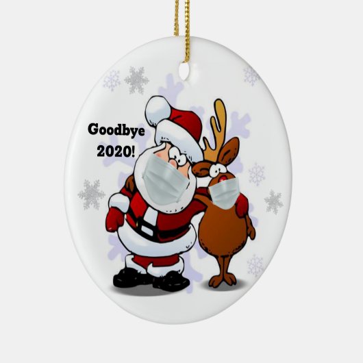 Grappig afscheid 2020 kerstman met masker op keramisch ornament (Rechts)