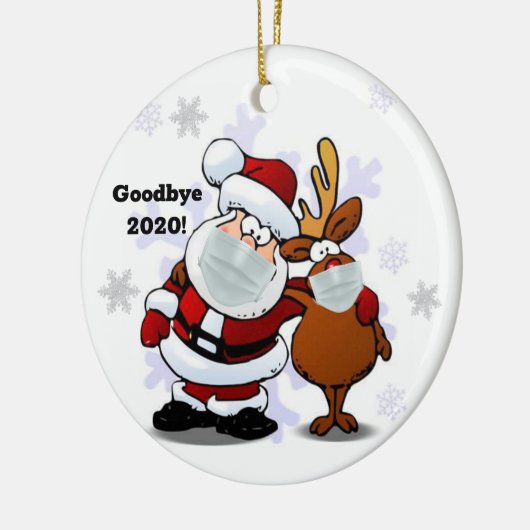 Grappig afscheid 2020 kerstman met masker op keramisch ornament (Links)