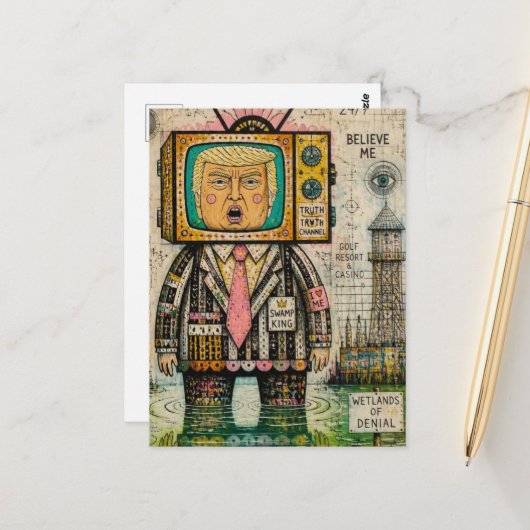 Grappig Algenmoeras Antitrump Mixed Media Collage Briefkaart (Voorkant / Achterkant in situ)