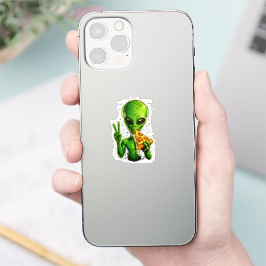 Grappig Alien Hoofd Eet Pizza UFO  Sticker (Telefoon)