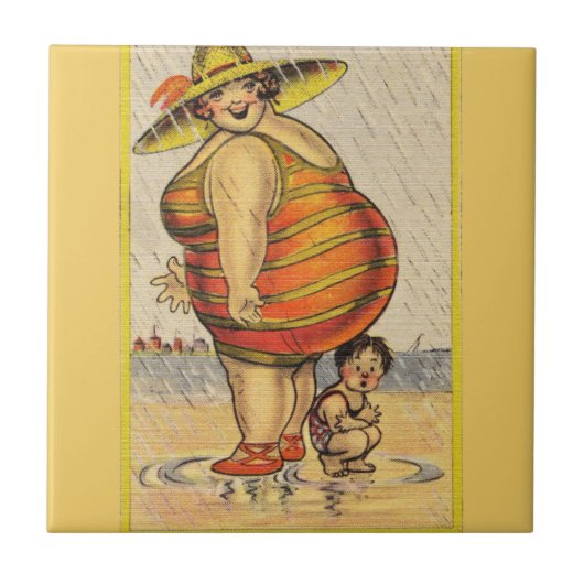 Grappig Antiek Koppel op Strand Bijzonderheid Tegeltje (Voorkant)