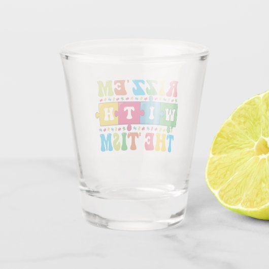 Grappig Autisme Bewustzijn Rizz'em met The Tism Shot Glas (Achterkant)