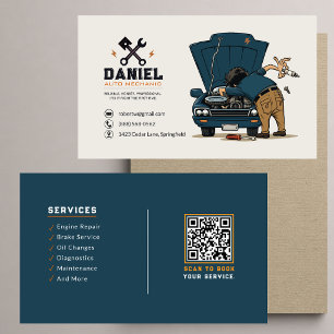 Grappig Automonteur Mascotte QR Code Reparatie Aut Visitekaartje