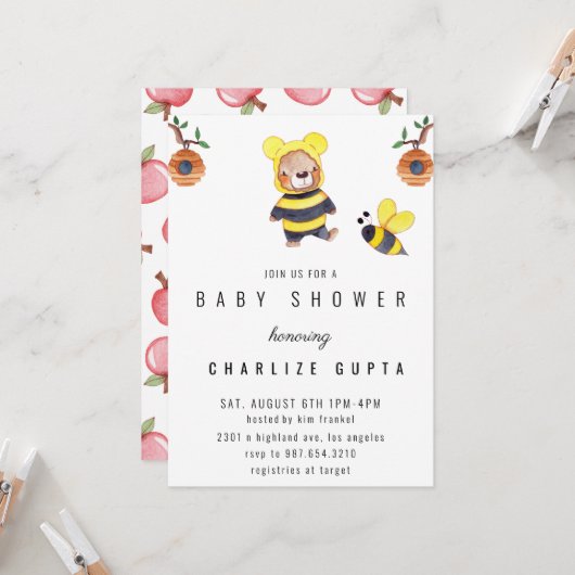 Grappig Baby shower Teddy Bear Honey Bee Invitatio Kaart (Voorkant / Achterkant in situ)