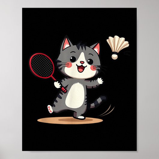 Grappig Badminton Schattige Kat Racket Shuttle Man Poster (Voorkant)