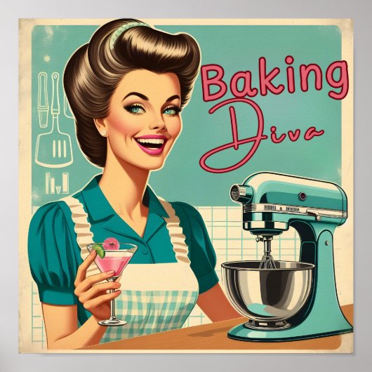 Grappig bakken diva keukenmixer 50s stripboek poster (Voorkant)