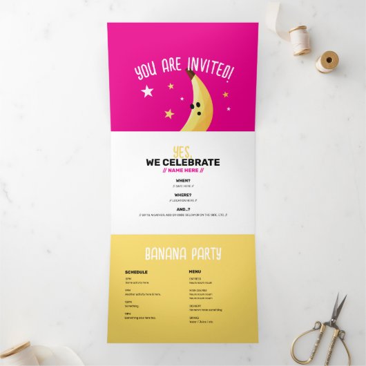 Grappig Banaan Woordgrap Partij patroon kleurrijk  Drieluik Uitnodiging (Binnen)