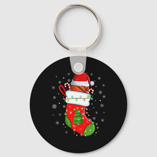 Grappig Basketbal in Kerst Sokken Santa Lights X Sleutelhanger (Voorkant)
