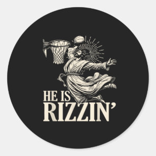 Grappig basketbal spelen Pasen hij is Rizzin Ronde Sticker