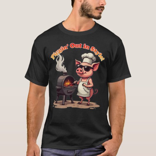 Grappig BBQ Pig "Piggin' Out in Style" T-shirt (Voorkant)
