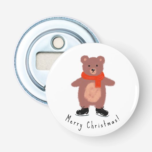 Grappig beer op winterse schaatsen button flesopener (Voorkant)