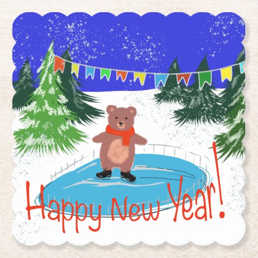 Grappig beer op winterse schaatsen kartonnen onderzetters (Voorkant)