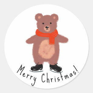Grappig beer op winterse schaatsen ronde sticker