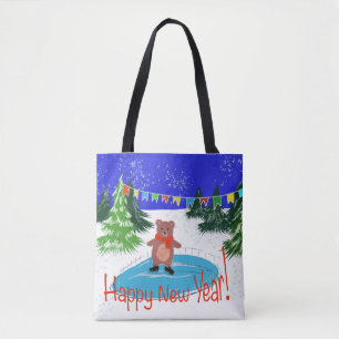 Grappig beer op winterse schaatsen tote bag