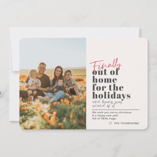 Grappig bericht Covid eindelijk uit huis Foto vaka Feestdagenkaart (Voorkant)