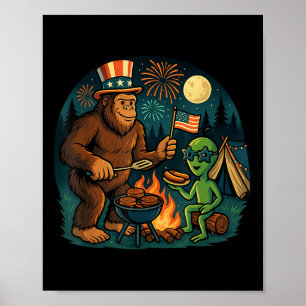 Grappig Bigfoot Alien BBQ kampvuur 4 juli Ameri Poster